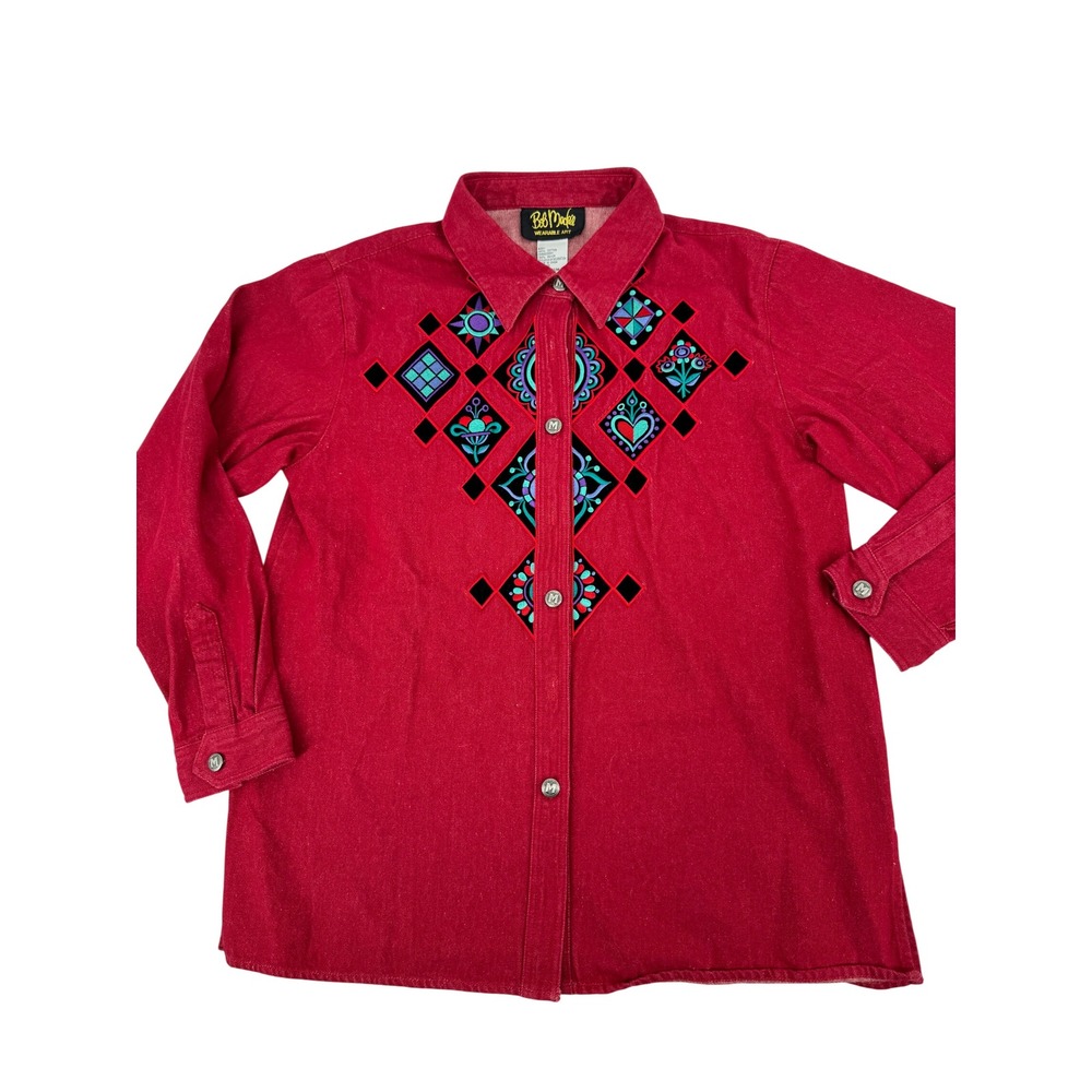 Bob Mackie Wearable Art Shirt Womens Medium Red Embroidered Denim Button Front